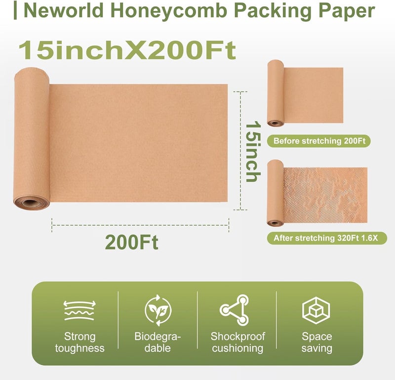 NEWorld ورق تعبئة على شكل خلية نحل، 15" × 200' لفافة فقاعية صديقة للبيئة للتغليف، ورق تغليف للمنتجات والهدايا، مادة تعبئة قابلة لإعادة التدوير مع 20 ملصق هش - Image 2